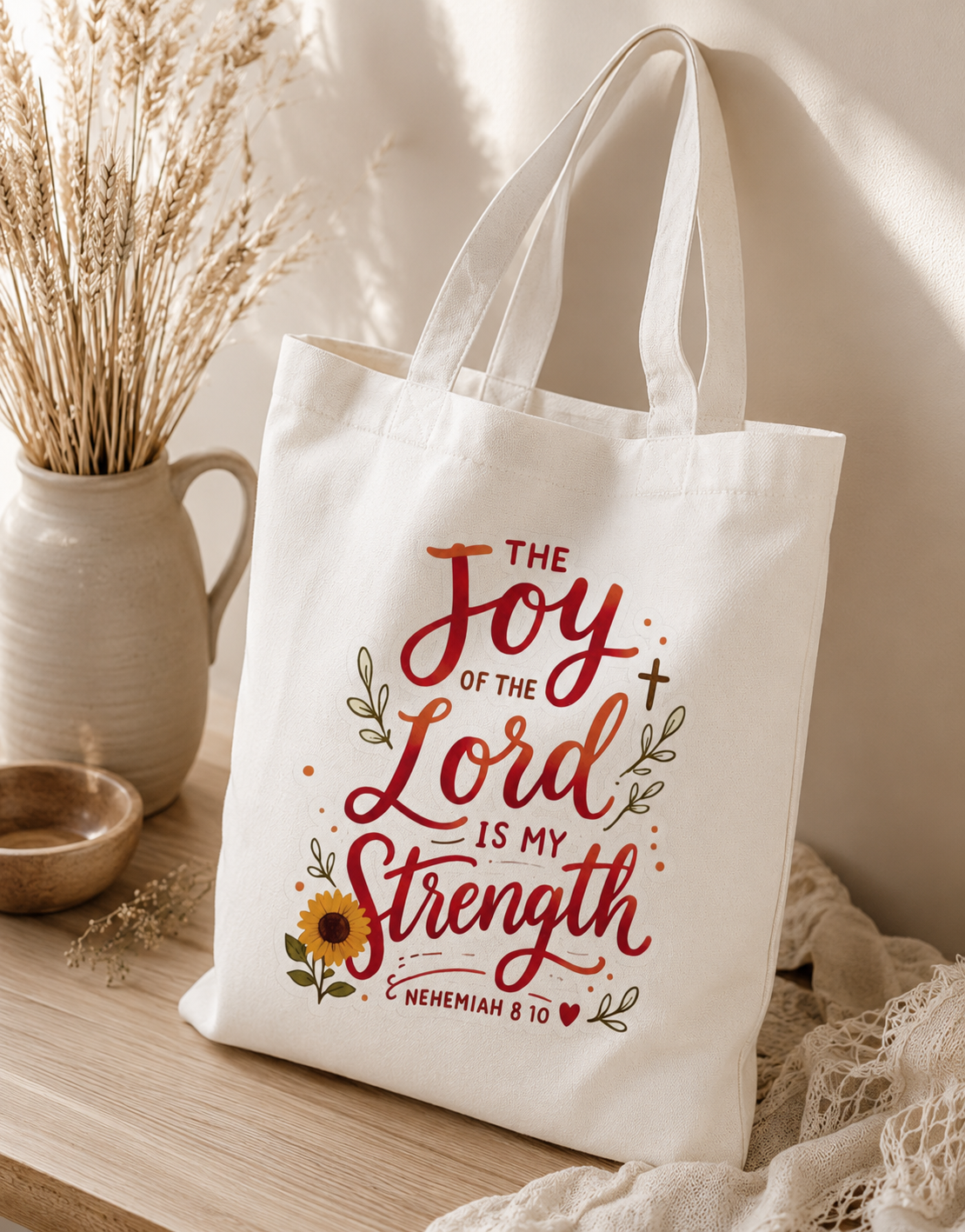 Christian Tote Bag – "The Joy of the Lord Is My Strength" | Nehemiah 8:10 by The Cozy Press